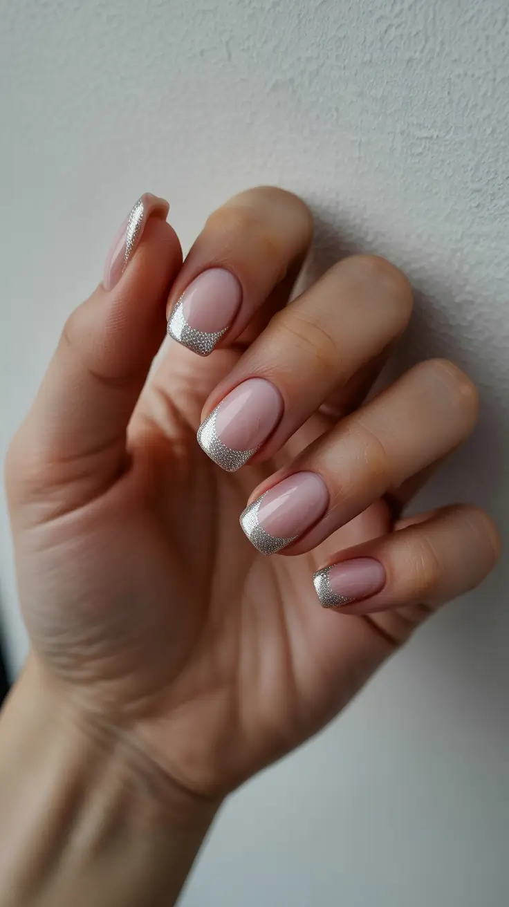 trendy acrylic nails 2026 Soft Silver French Curves on Natural Nude Tips