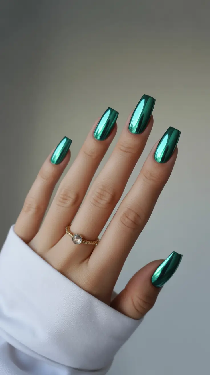 trendy acrylic nails 2026 Green Chrome Mirror Shine on Long Square Glam