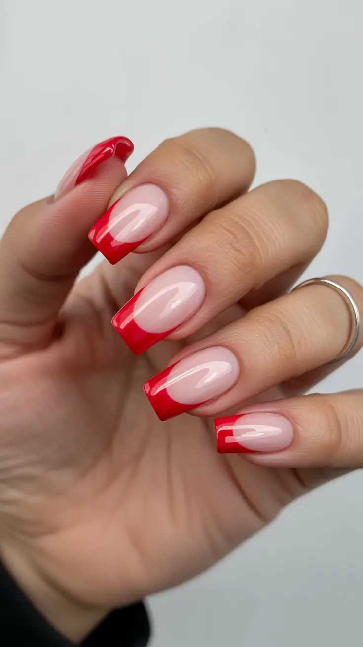 trendy acrylic nails 2026 Bold Red French Squares for a Fresh Acrylic Twist