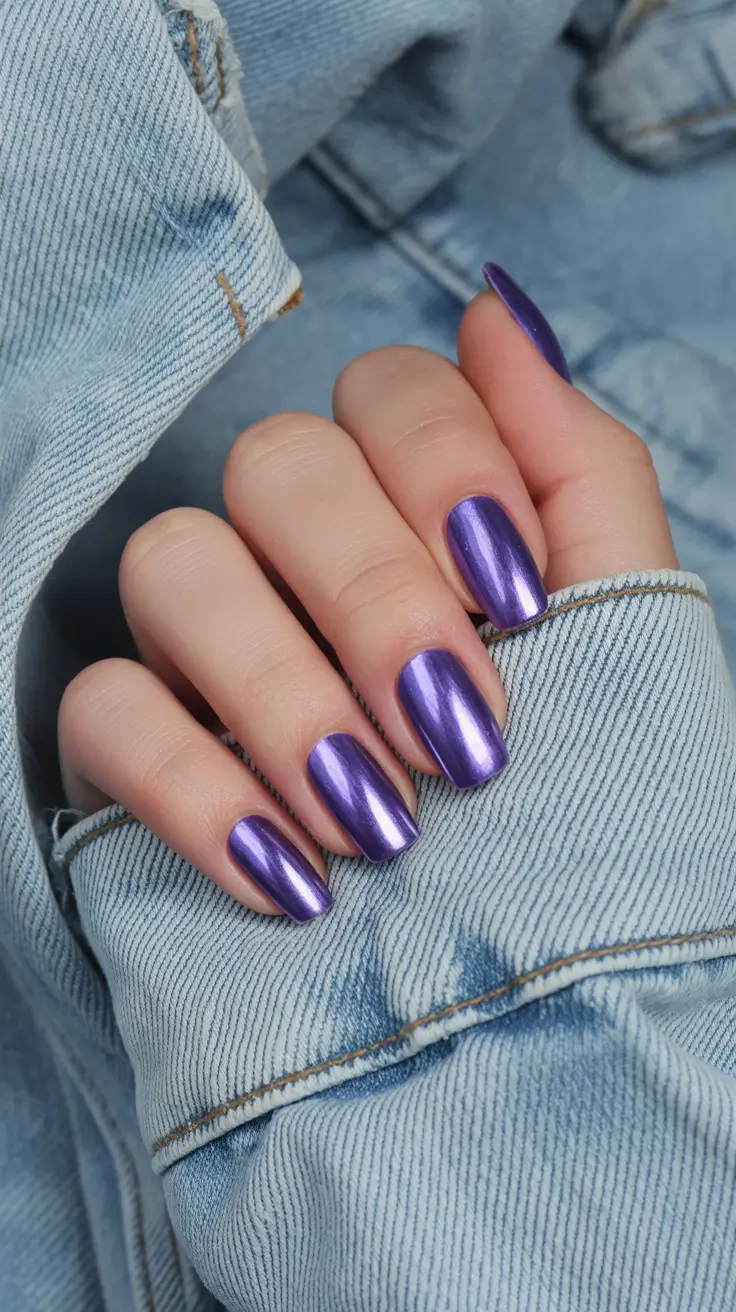 trendy acrylic nails 2026 Violet Chrome Shine on Sleek Medium Length Nails
