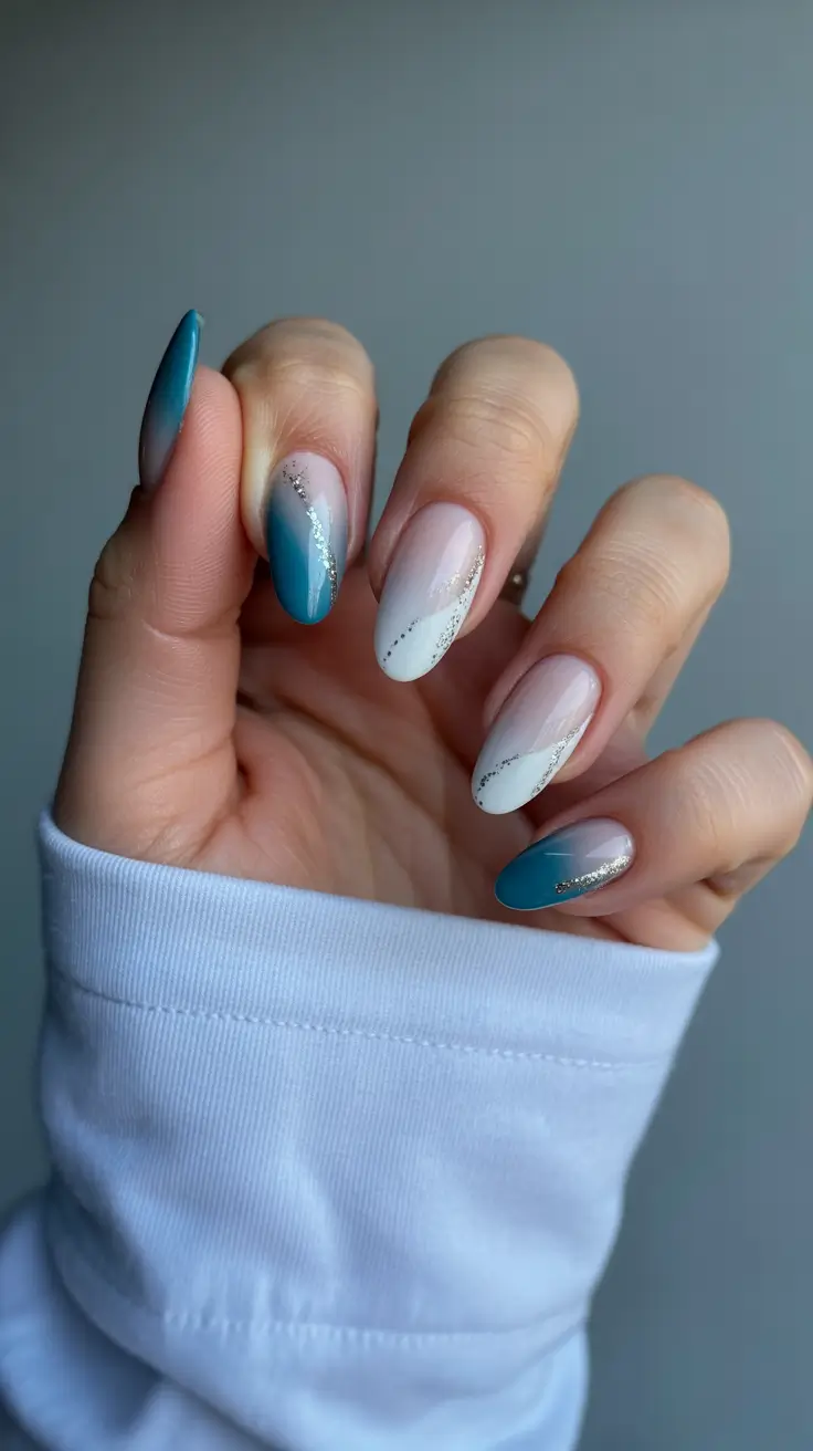 trendy acrylic nails 2026 Soft Teal and White Gradient with Silver Accents