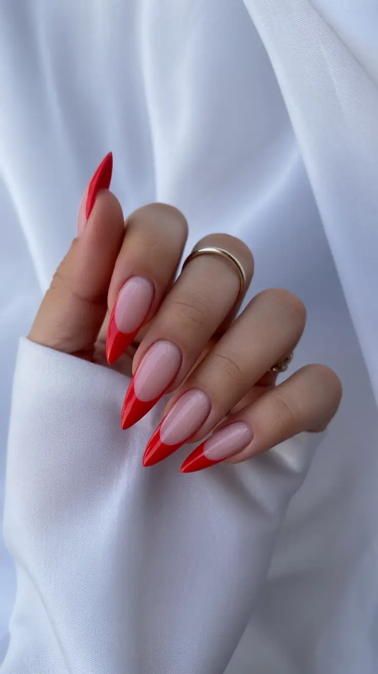 trendy acrylic nails 2026 Sharp Scarlet French Points for a Modern Edge