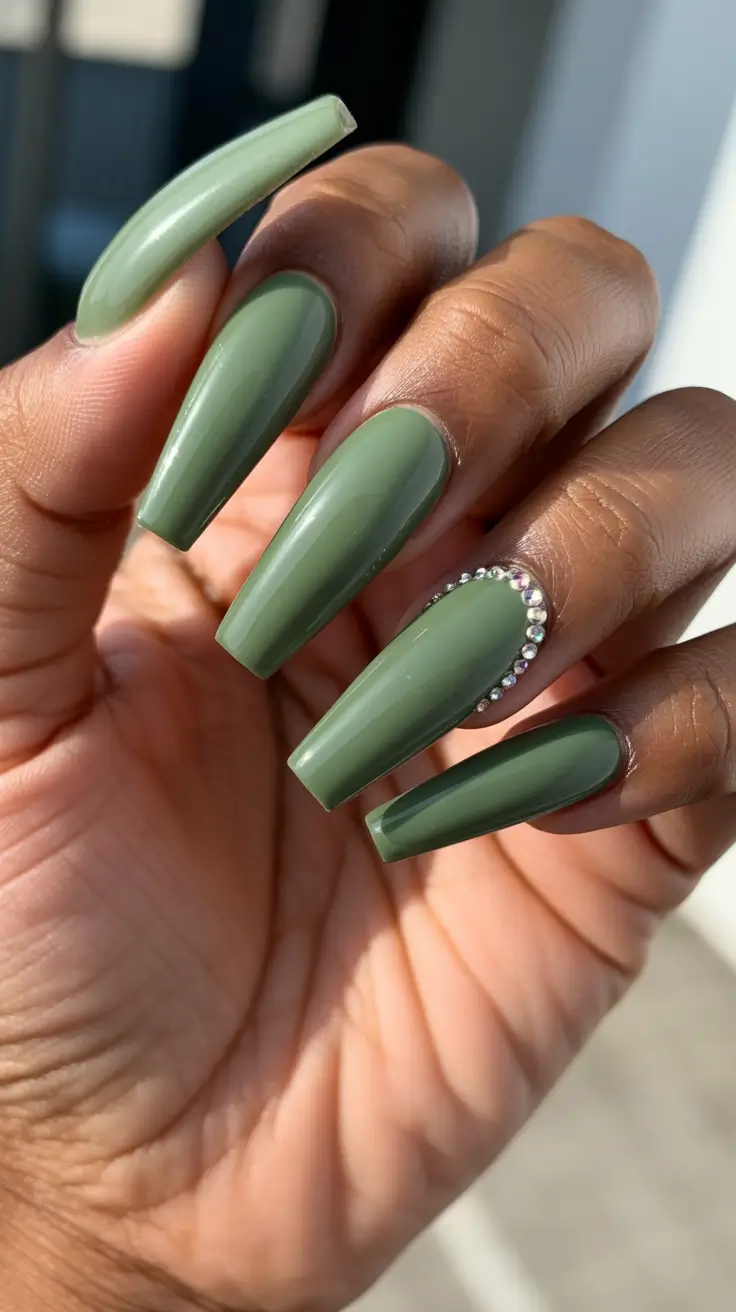 trendy acrylic nails 2026 Mossy Green Coffin Elegance with Crystal Accents