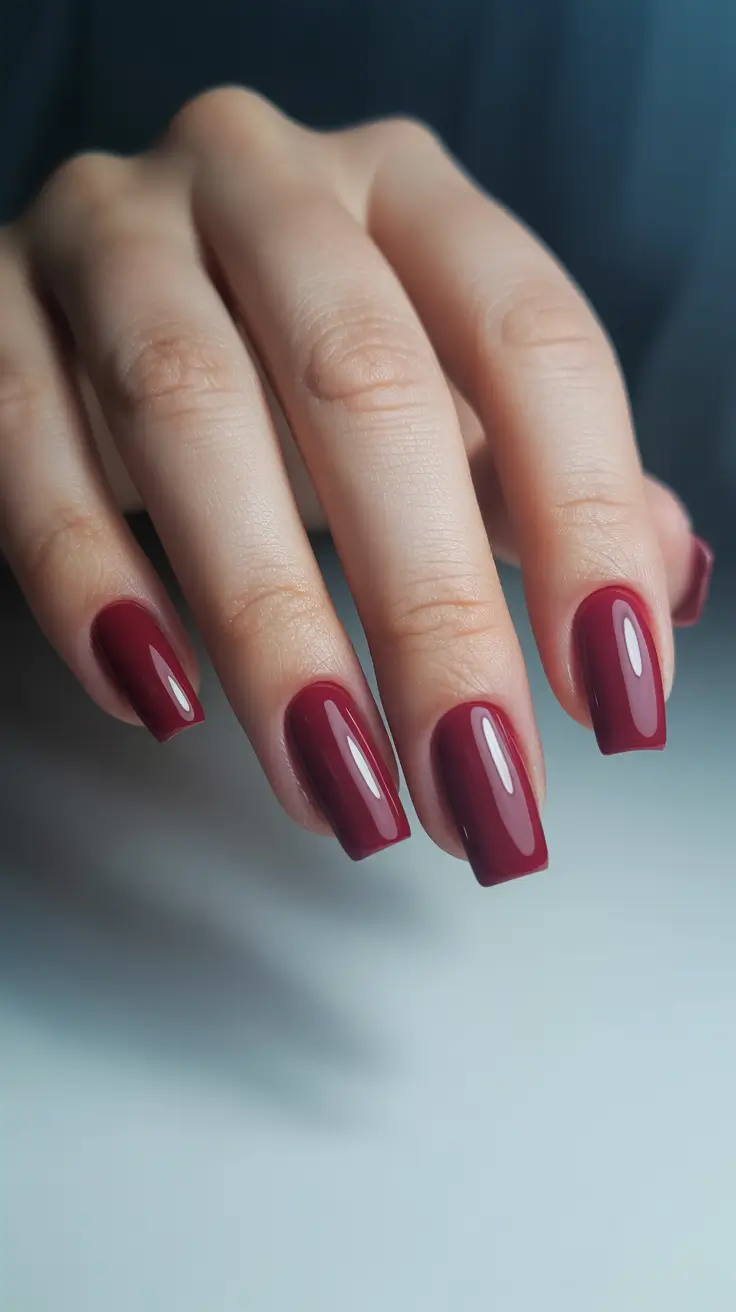 trendy acrylic nails 2026 Velvety Burgundy on Short Square Elegance