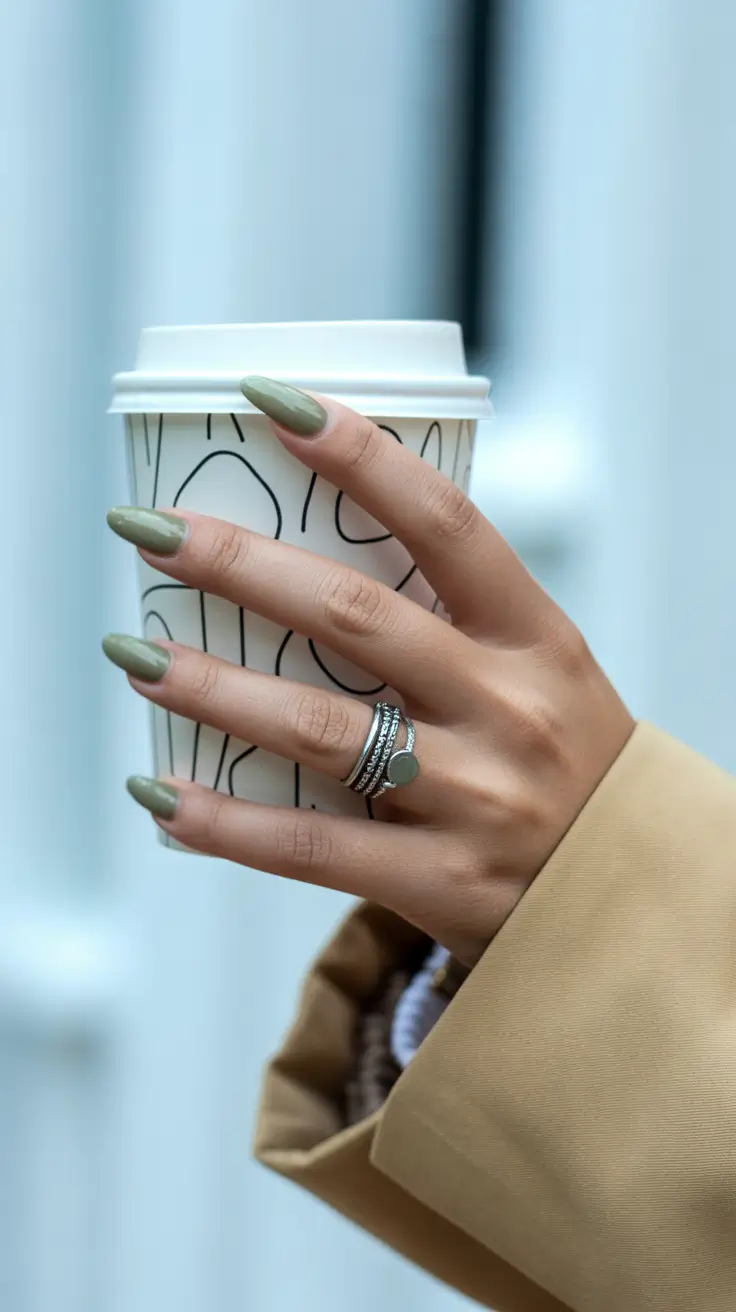 trendy acrylic nails 2026 Soft Moss Almonds for Cozy Neutral Days