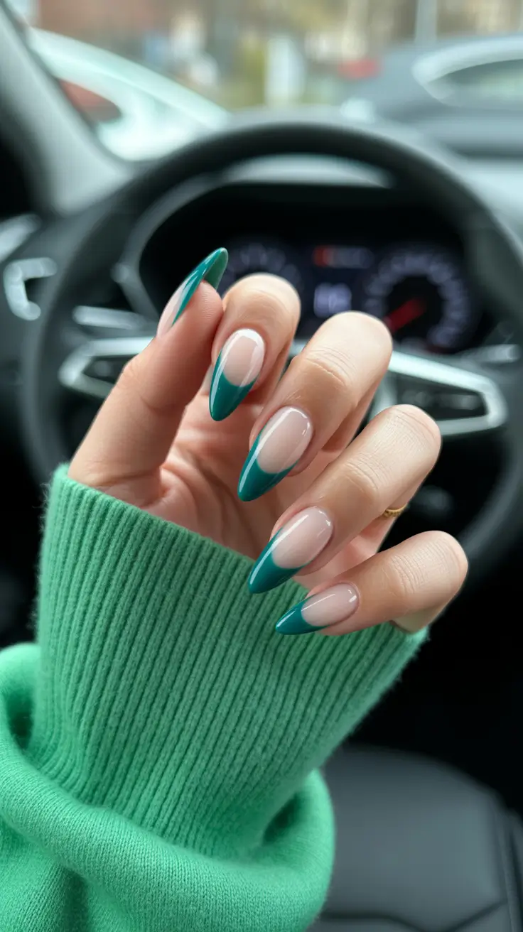 trendy acrylic nails 2026 Emerald French Points for a Modern Minimal Twist