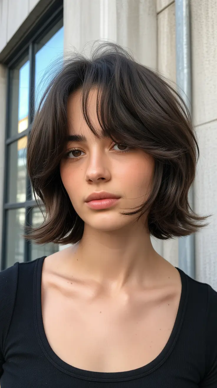 choppy bob haircuts 2026 Chic Layered Bob with Curtain Bangs