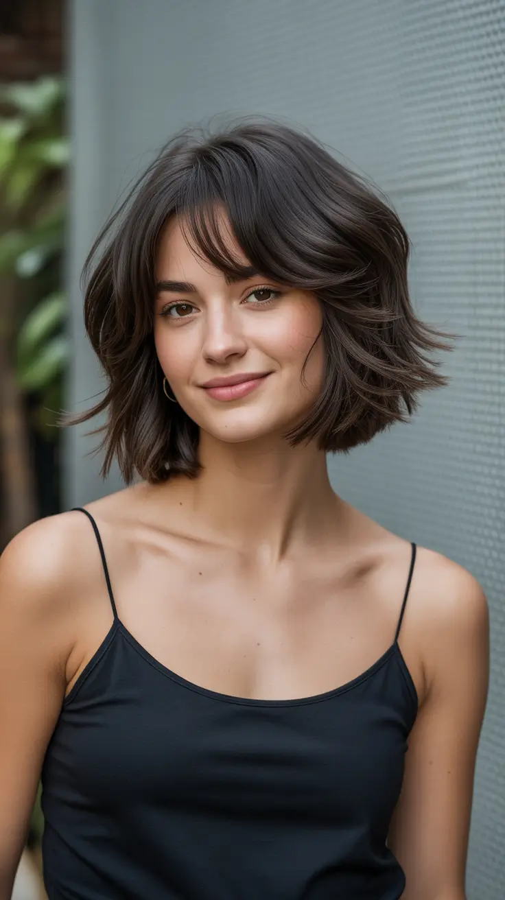 choppy bob haircuts 2026 Flirty Layered Bob with Curtain Bangs