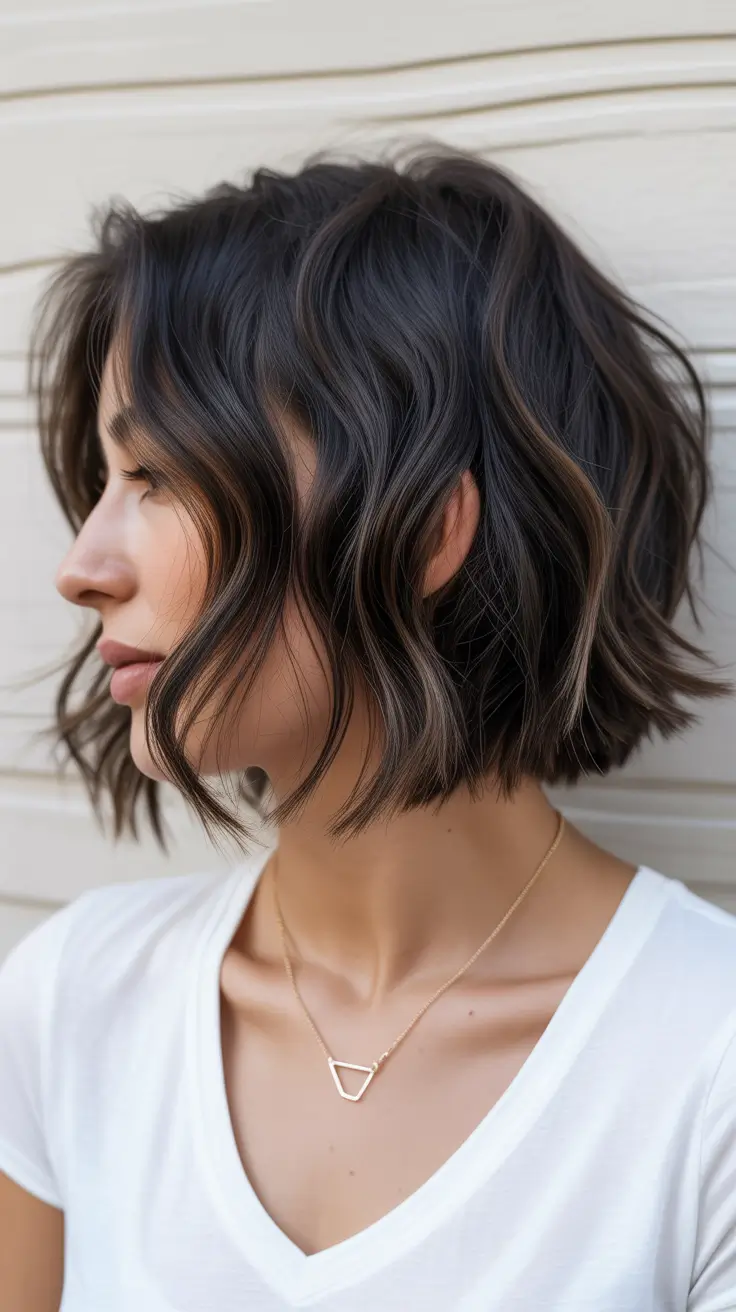 choppy bob haircuts 2026 Wavy Chocolate Bob with Face-Framing Layers