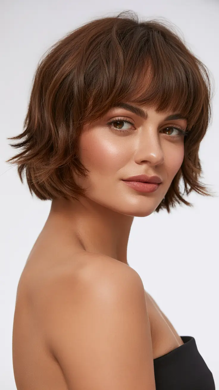 choppy bob haircuts 2026 Glossy Layered Bob with Feathered Bangs