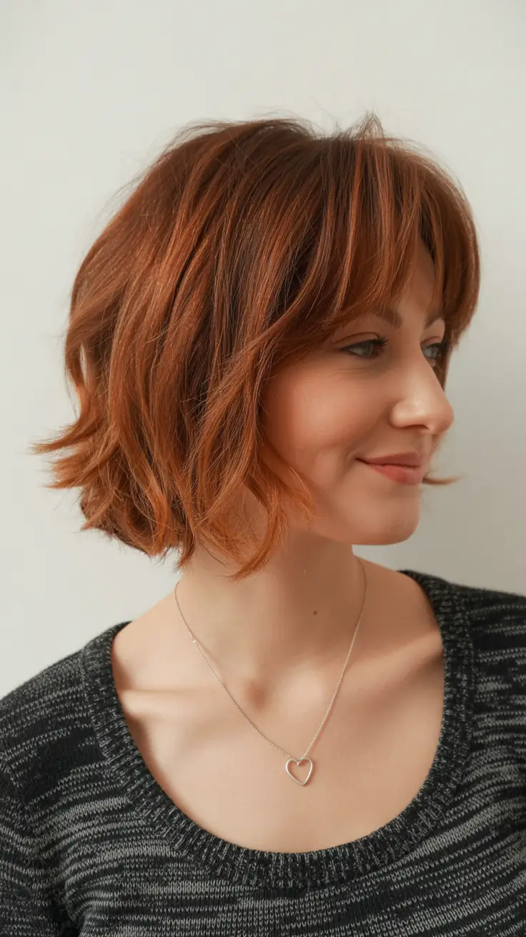 choppy bob haircuts 2026 Warm Textured Bob with Curtain Bangs