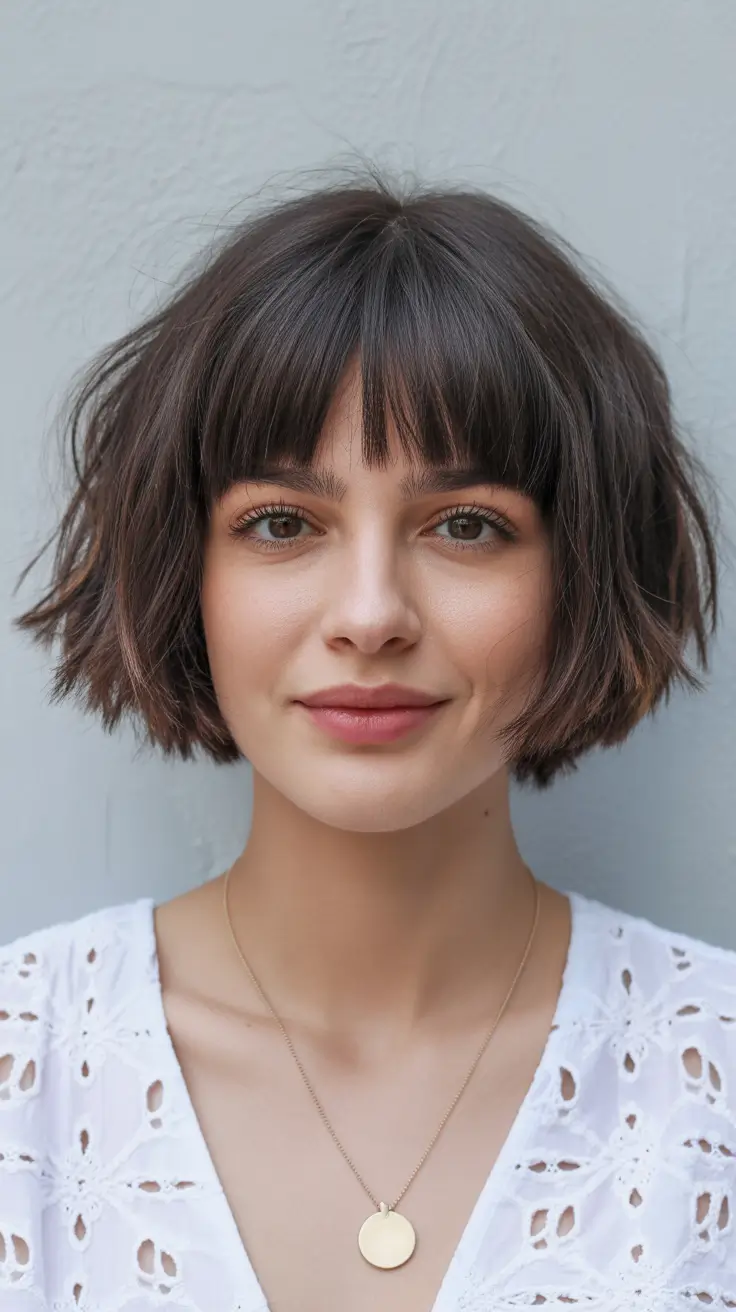 choppy bob haircuts 2026 Structured Mini Bob with Full Bangs
