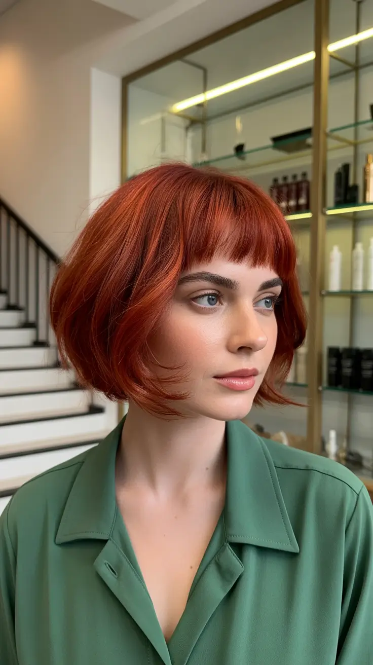 choppy bob haircuts 2026 Fiery Red Bob with Retro Fringe