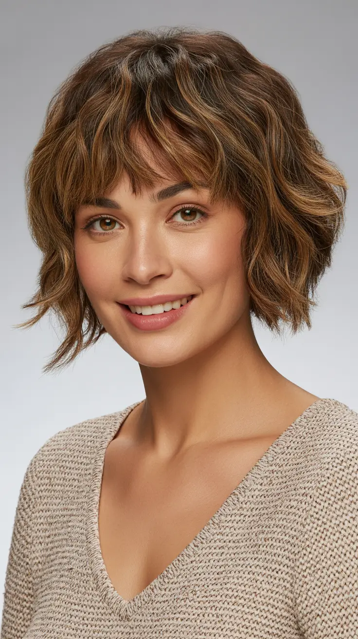 choppy bob haircuts 2026 Textured Brown Bob with Wispy Fringe