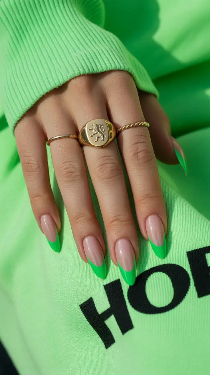 trendy French nails 2026 Bright Green French Tips With a Clean Almond Shape