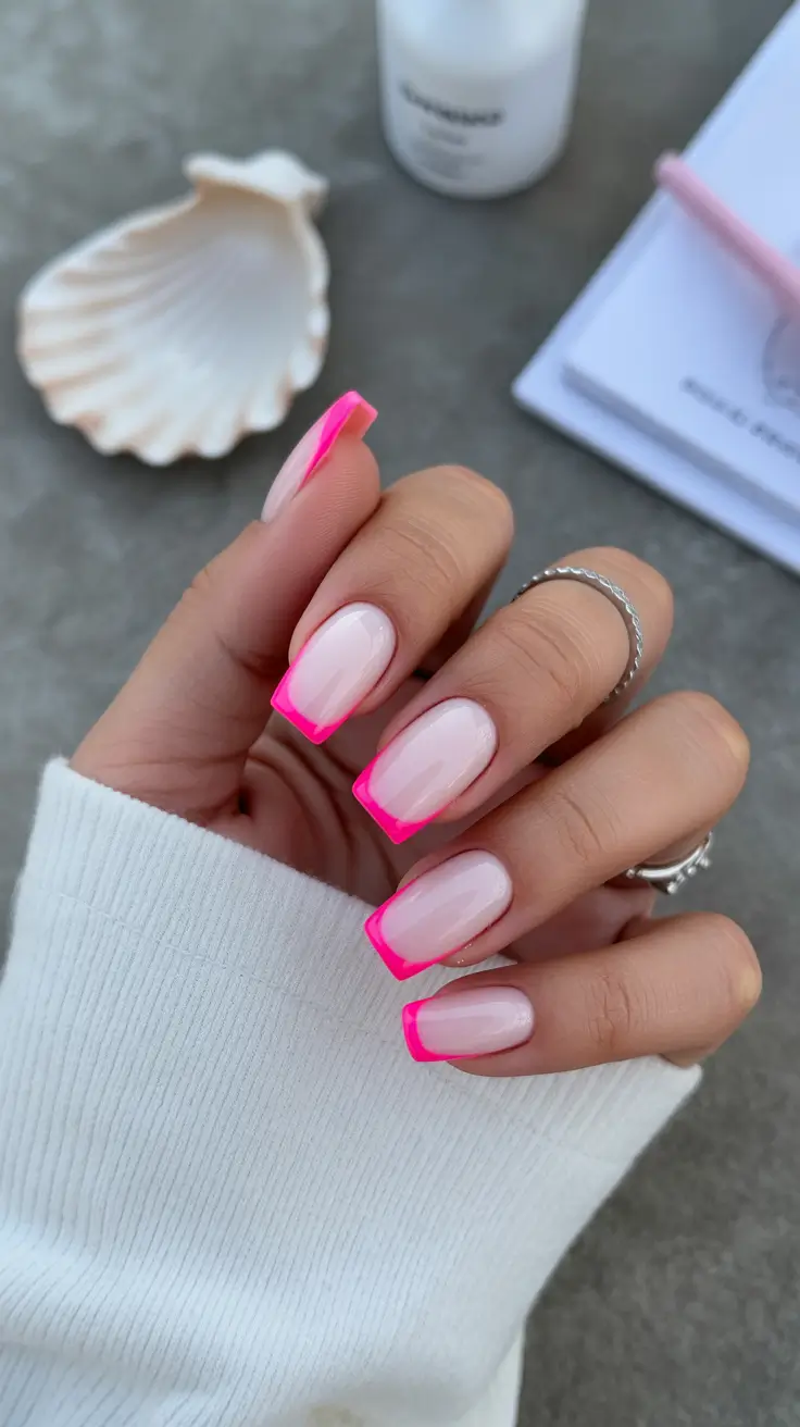 trendy French nails 2026 Neon Pink Square French Tips With Bright Edges