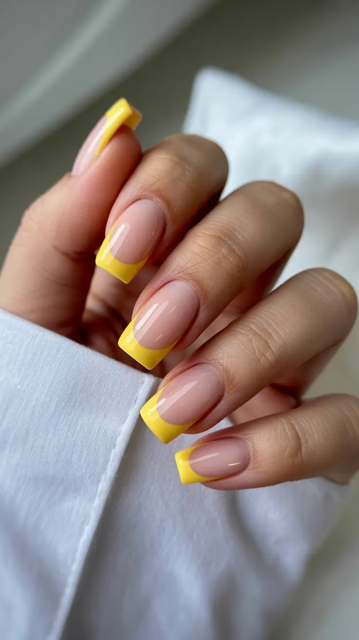 trendy French nails 2026 Soft Yellow French on Square Nails