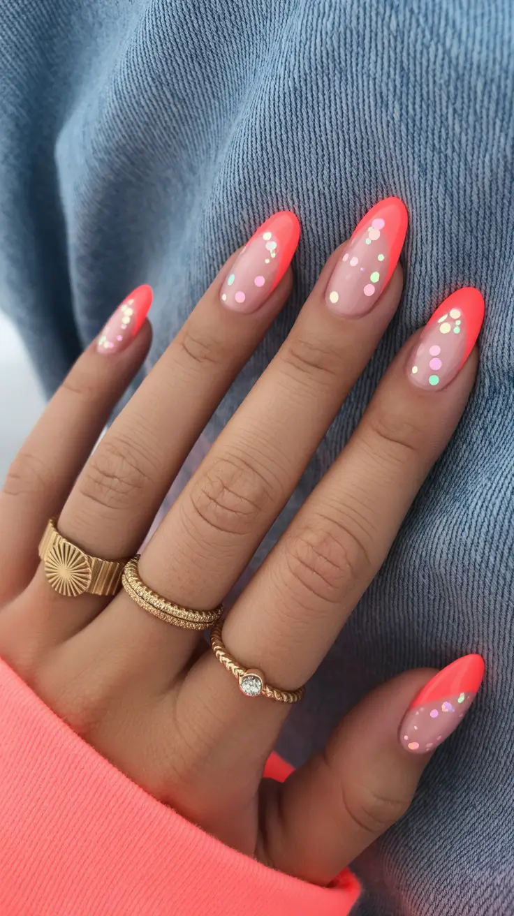 trendy French nails 2026 Neon Coral French With Playful Confetti Accents