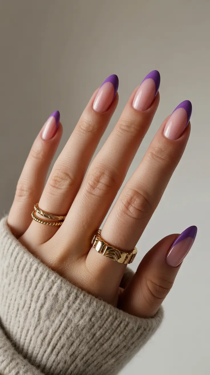 trendy French nails 2026 Soft Purple French Tips With an Almond Silhouette