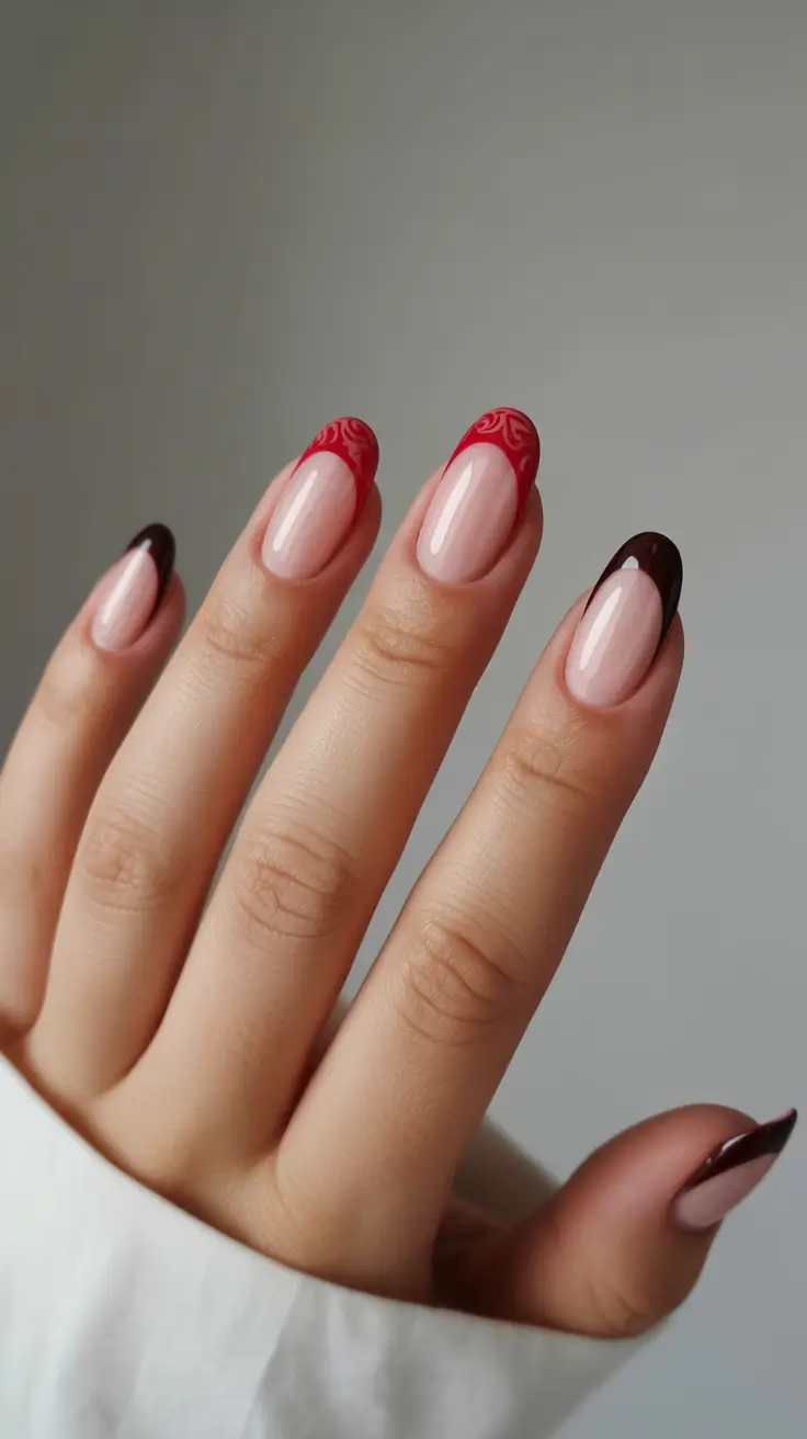 trendy French nails 2026 Textured Red and Brown French Tips With Ornamental Detail