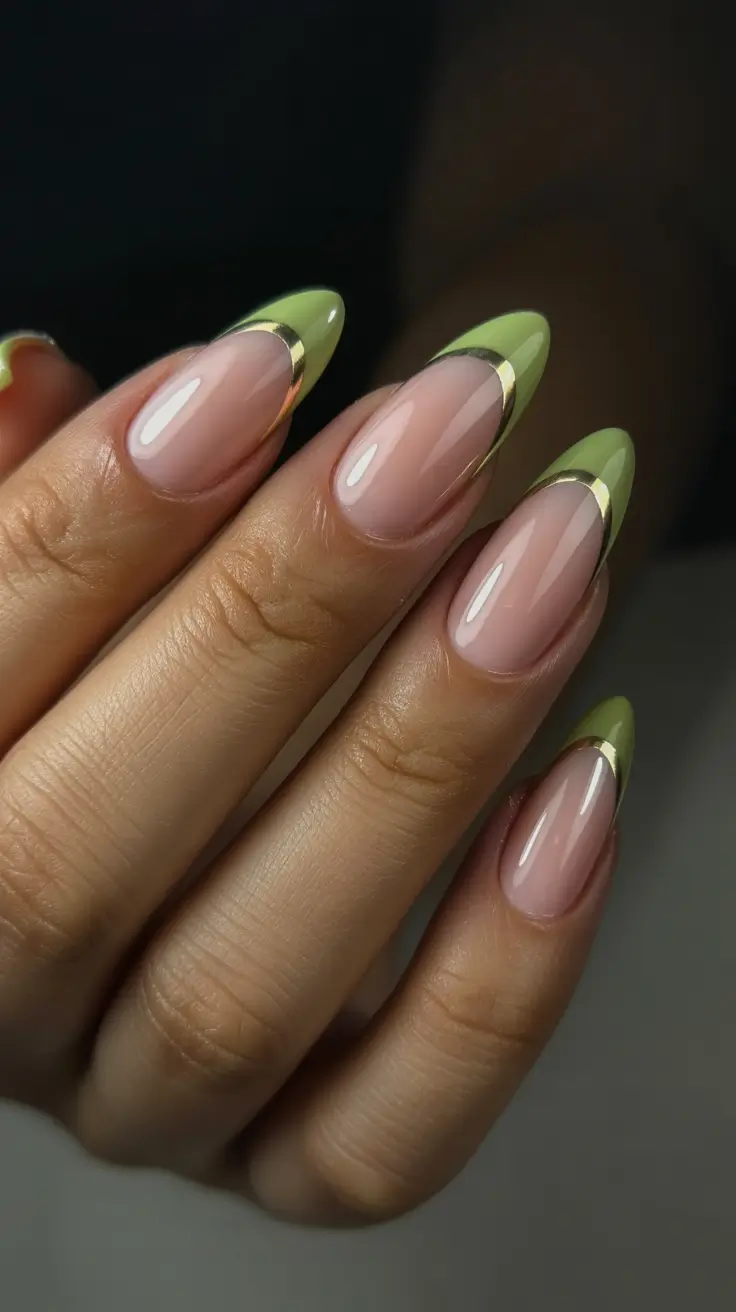 trendy French nails 2026 Olive Green French Tips With Gold Accents
