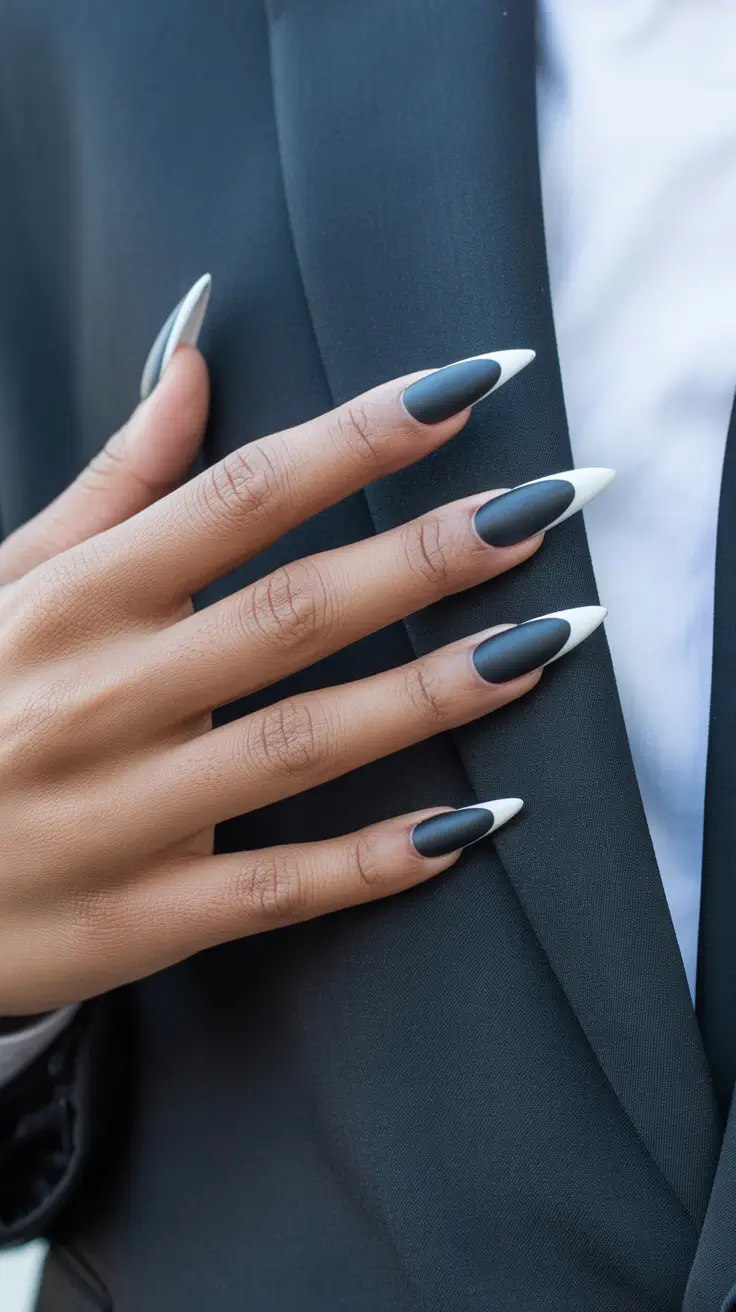 trendy French nails 2026 Black and White French Tips With a Matte Finish