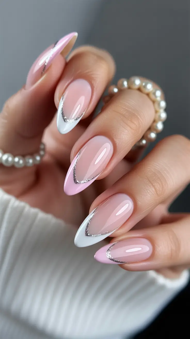 trendy French nails 2026 Pink and White Double-French With Glitter Detail