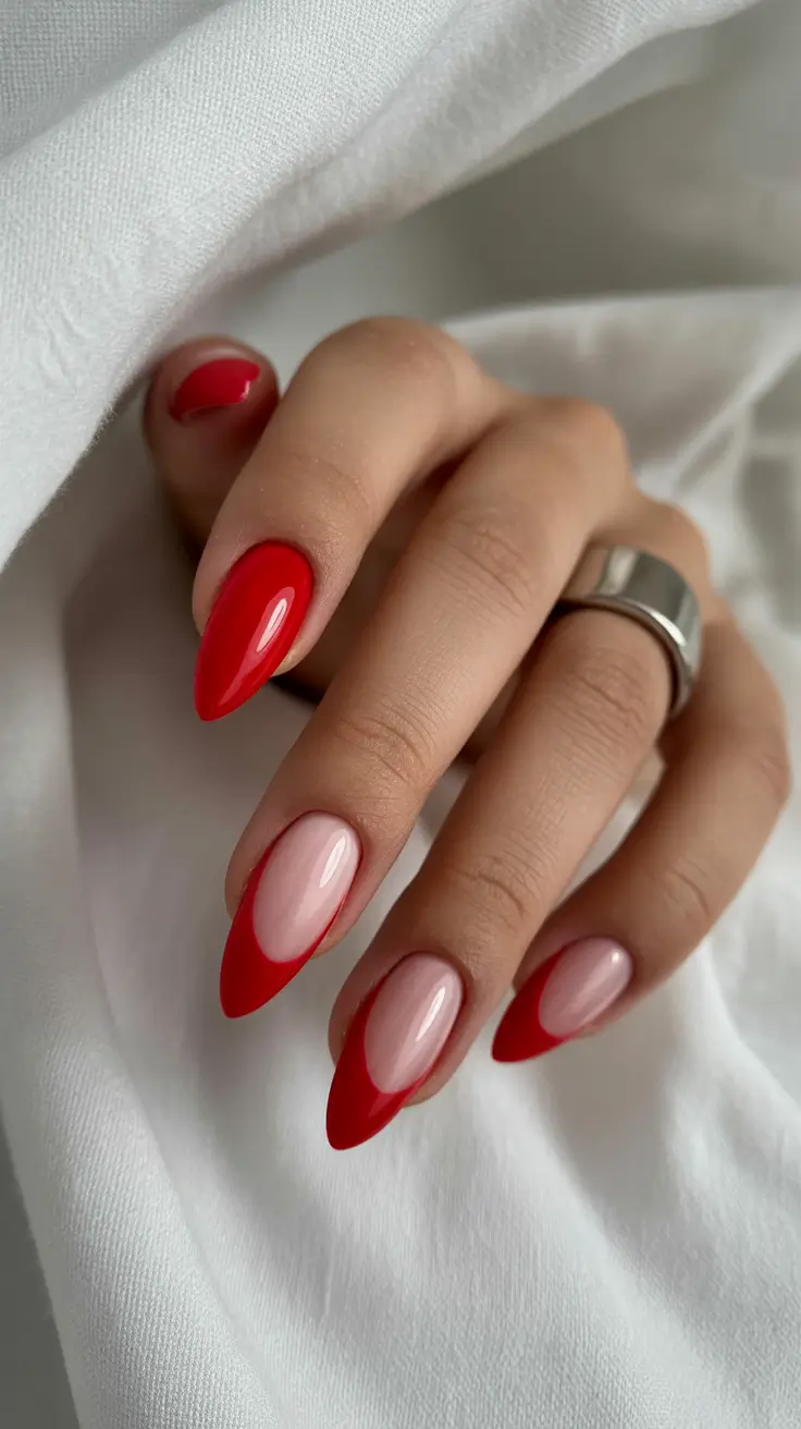 trendy French nails 2026 Classic Red Almond French With a Modern Curve