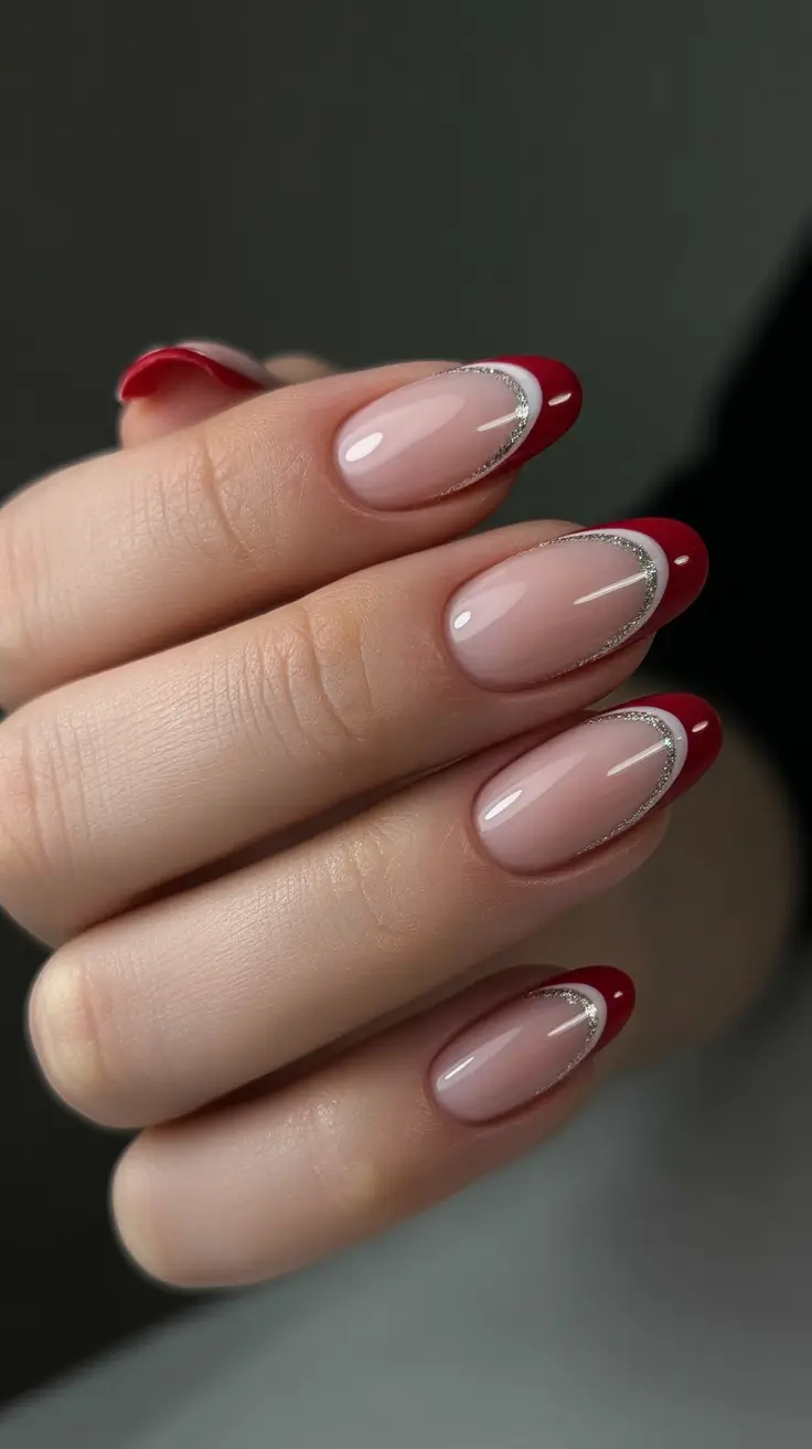 trendy French nails 2026 Red and Silver Double-Tone French for Evening Glam