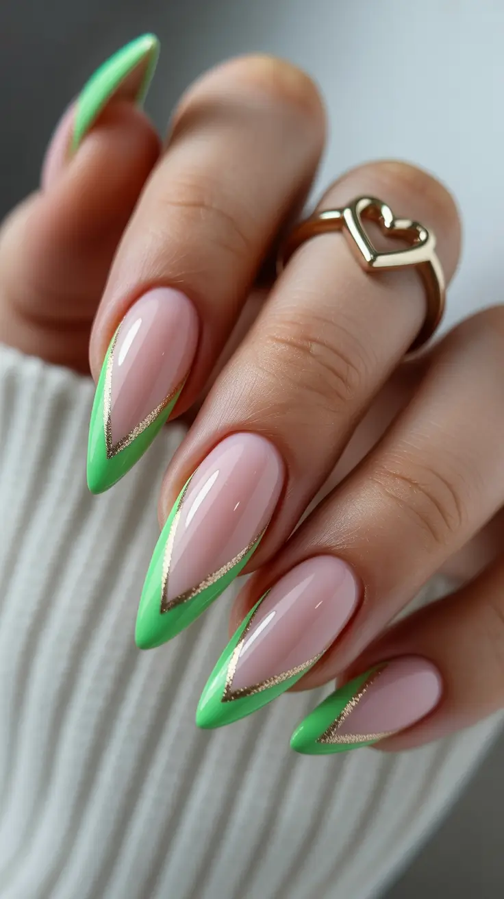 trendy French nails 2026 Fresh Green V-Tip French With Gold Trim