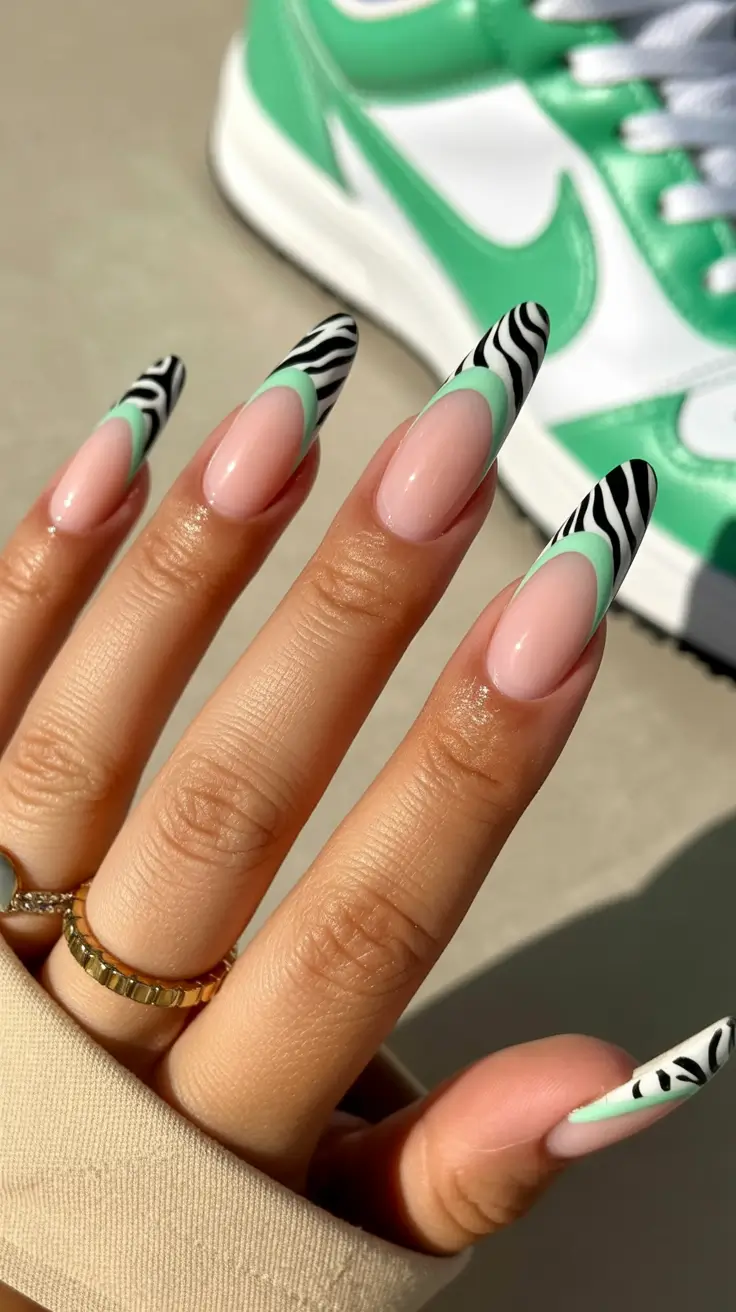 trendy French nails 2026 Mint Green French With Zebra Art Accents