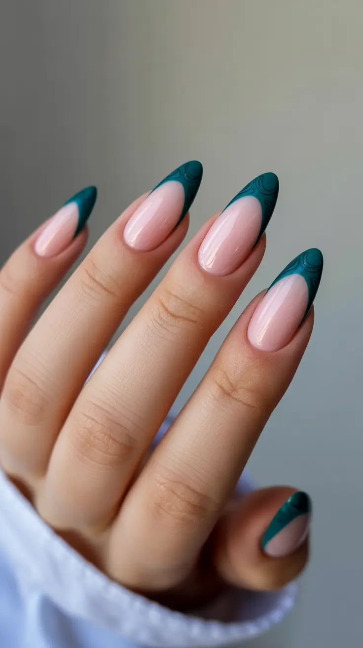 trendy French nails 2026 Deep Teal French With Textured Swirl Details