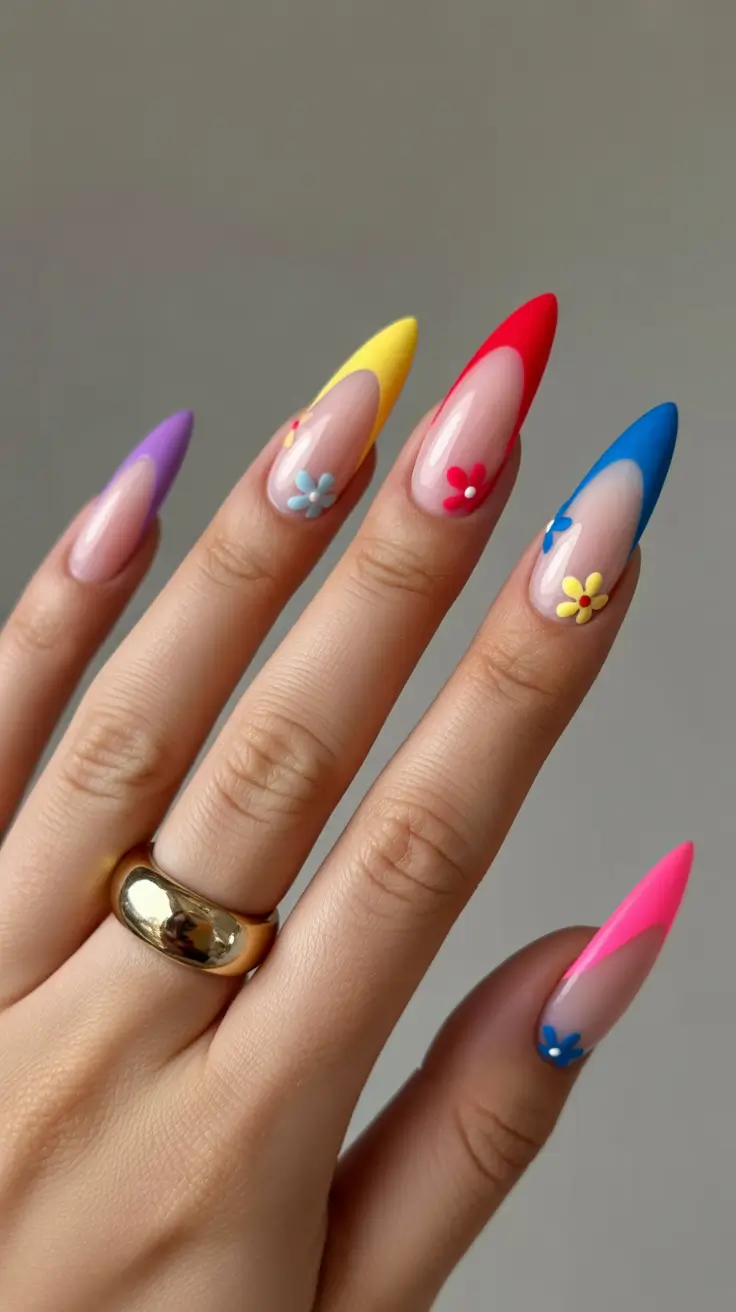 vacation nail designs 2026 - Color-Tipped Florals for a Modern Rainbow Moment