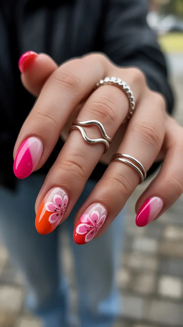 vacation nail designs 2026 - Sunset Florals for a Bright European Glow