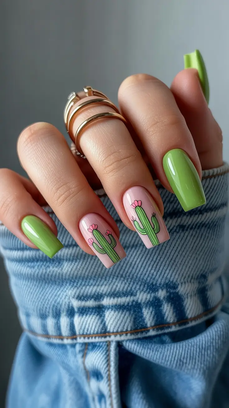 vacation nail designs 2026 - Cactus Charm for a Cute Mexico-Inspired Moment