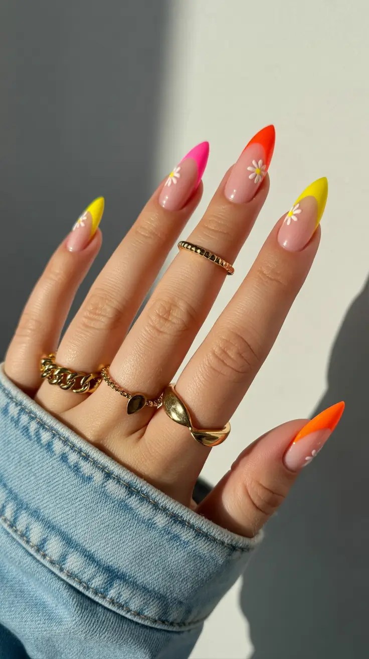 vacation nail designs 2026 - Rainbow Tips with Daisies for a Bright Tropical Breeze