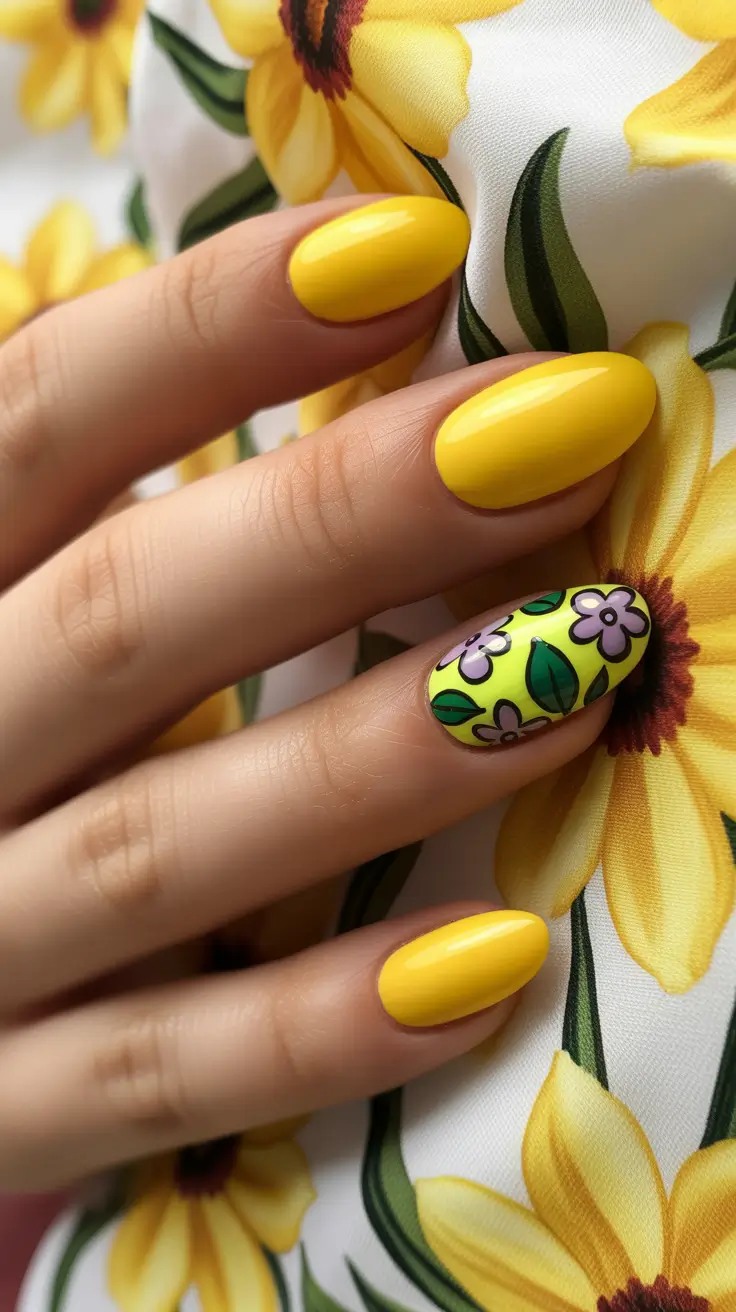 vacation nail designs 2026 - Sunbeam Yellow with a Playful Floral Accent