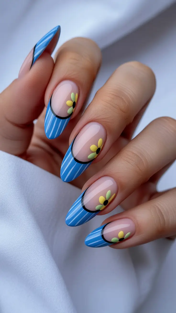 vacation nail designs 2026 - Striped Blue French with Soft Daisy Touches