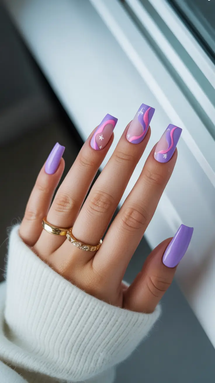vacation nail designs 2026 - Lavender Waves with Modern Coffin Shaping