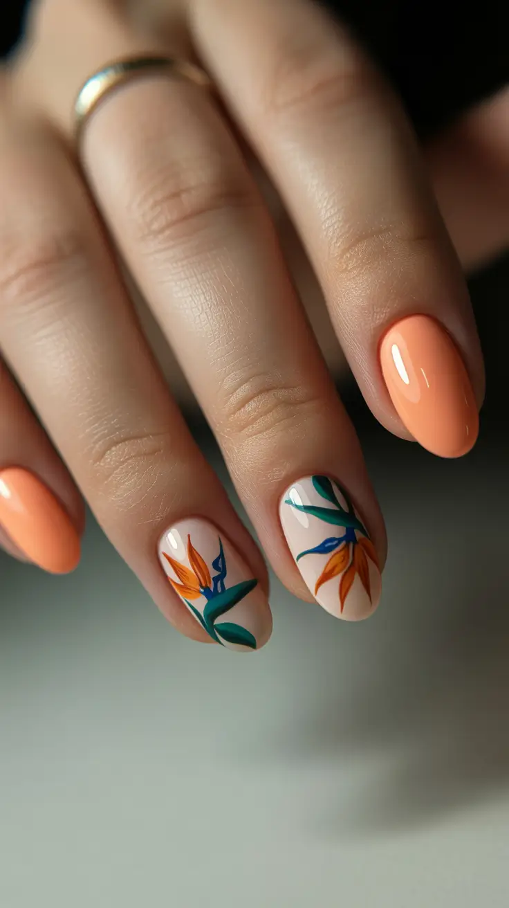 vacation nail designs 2026 - Soft Peach Tropics with Botanical Accents