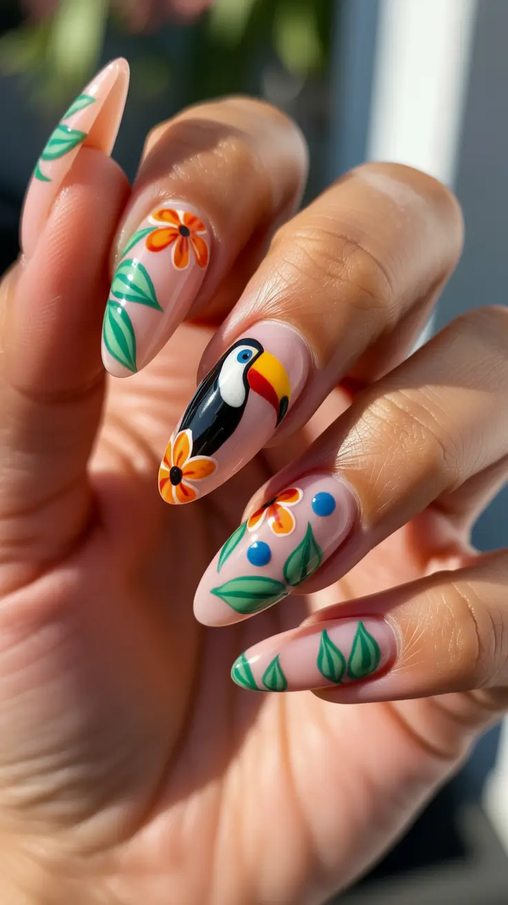 vacation nail designs 2026 - Toucan Paradise for a Tropical Adventure