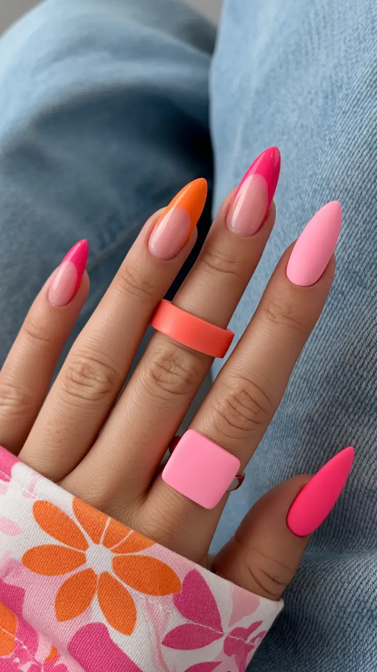 vacation nail designs 2026 - Neon Sunrise Tips for a Bright Summer Mood