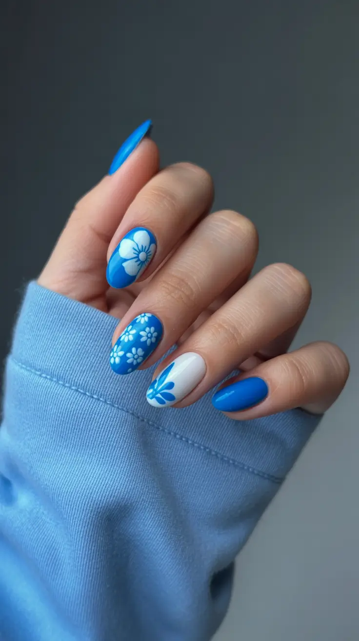 vacation nail designs 2026 - Blue Bloom Harmony for a Fresh Coastal Escape