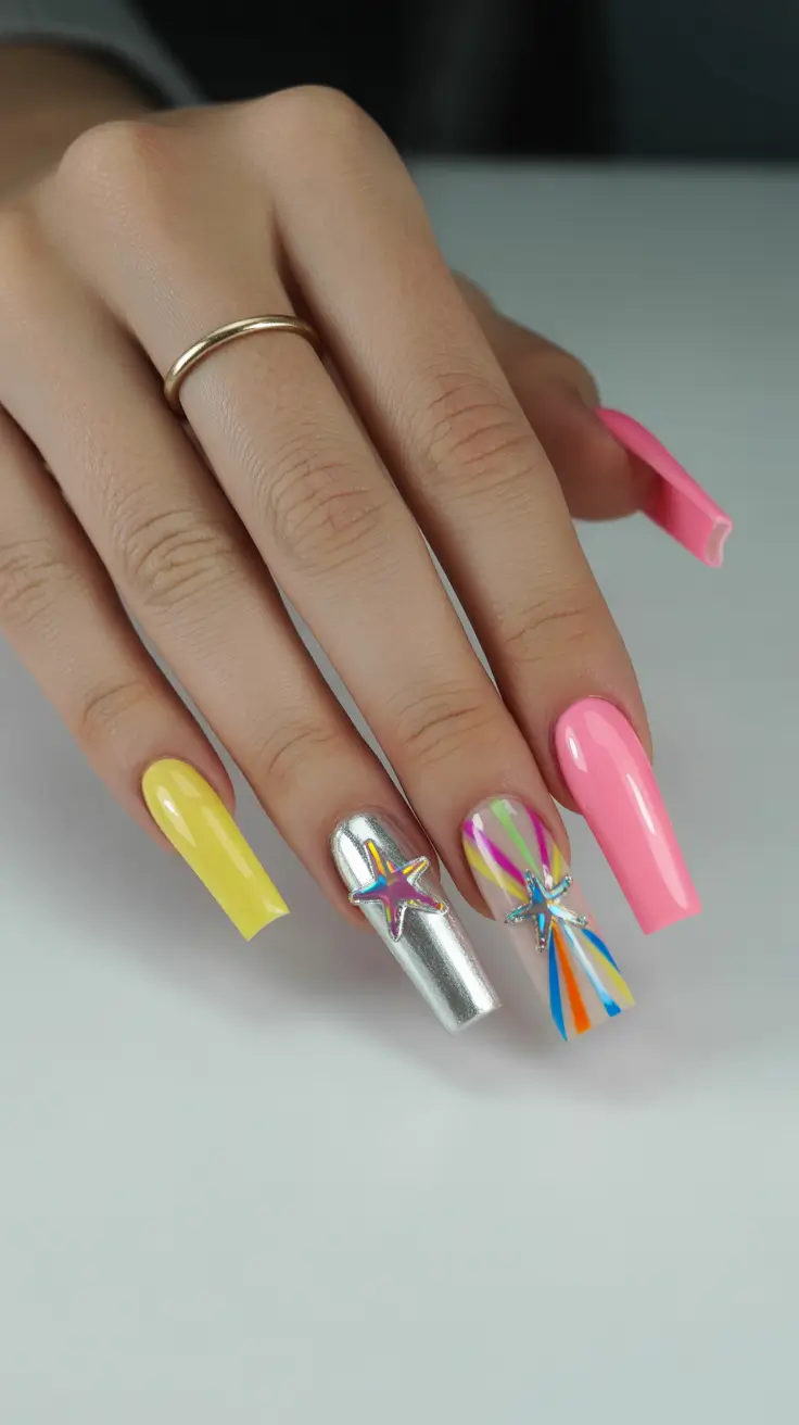 vacation nail designs 2026 - Bright Festival Lines with Star Accents
