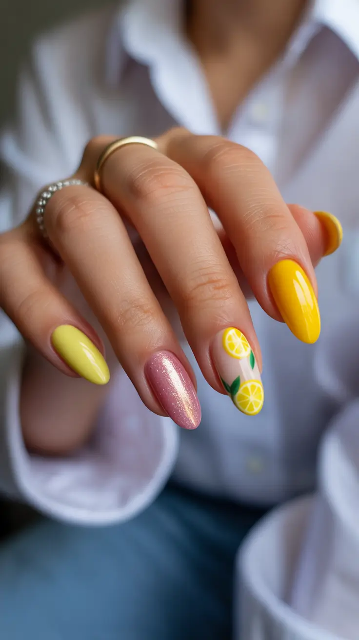 vacation nail designs 2026 - Lemon Glow Mix for a Bright European Summer