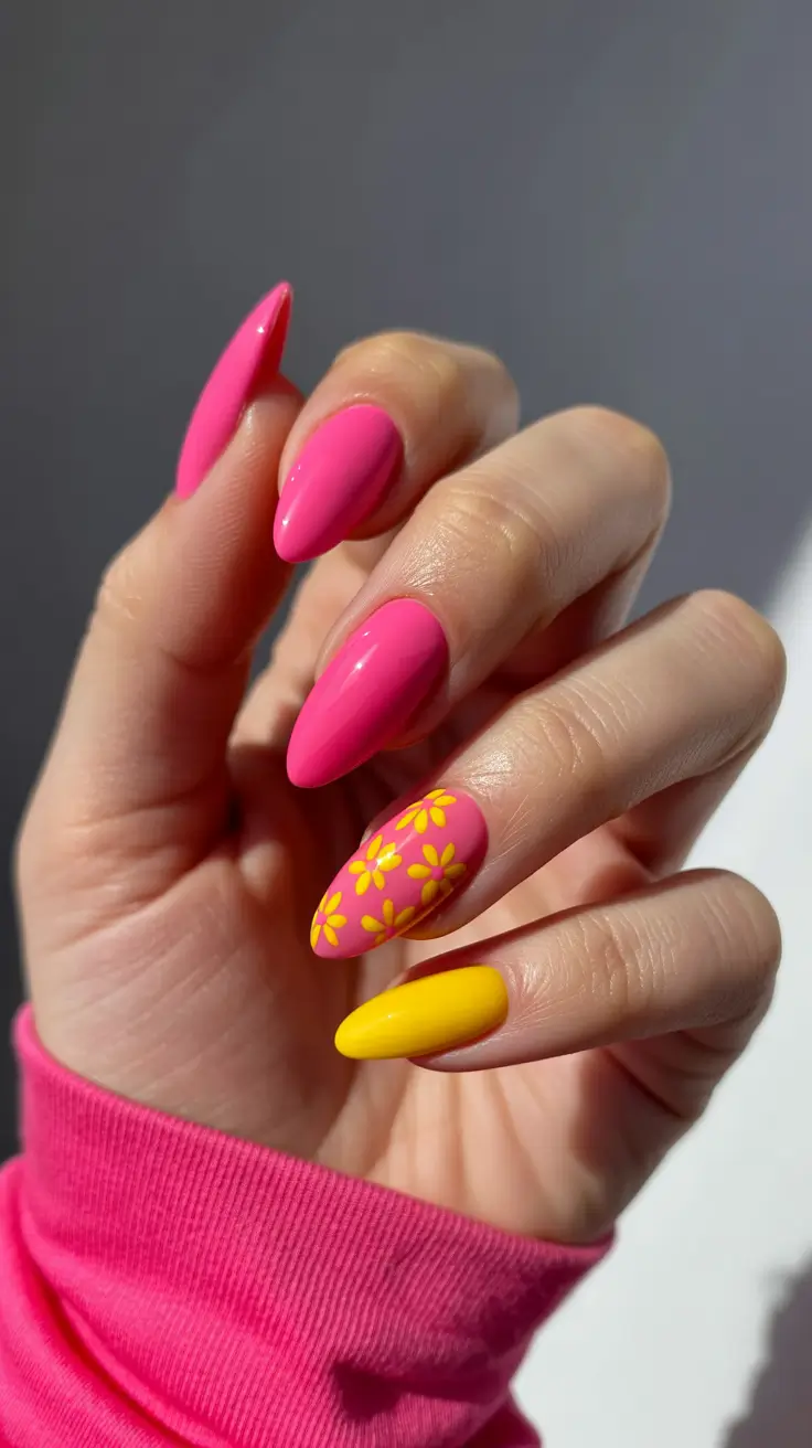 vacation nail designs 2026 - Hot Pink Sunshine Mix for Bold Summer Energy