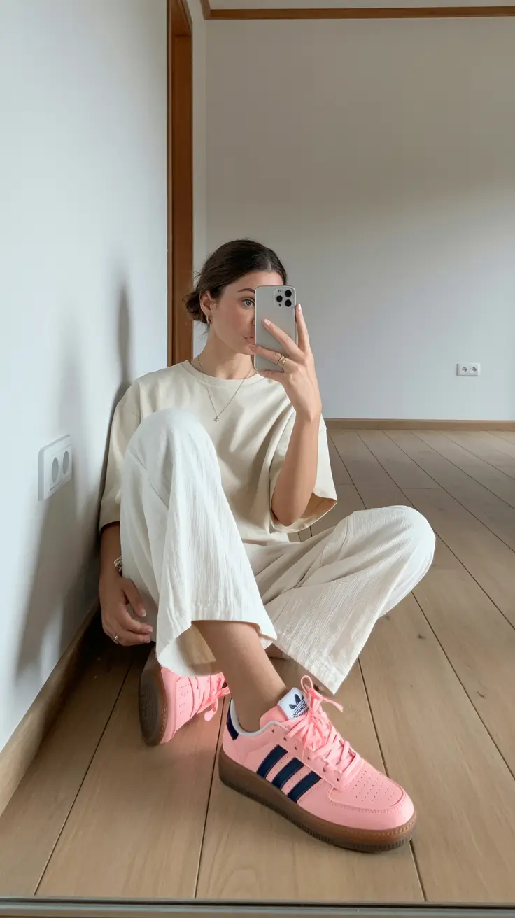 sneakers spring outfit 2026 Soft Neutrals With a Surprising Pop of Color