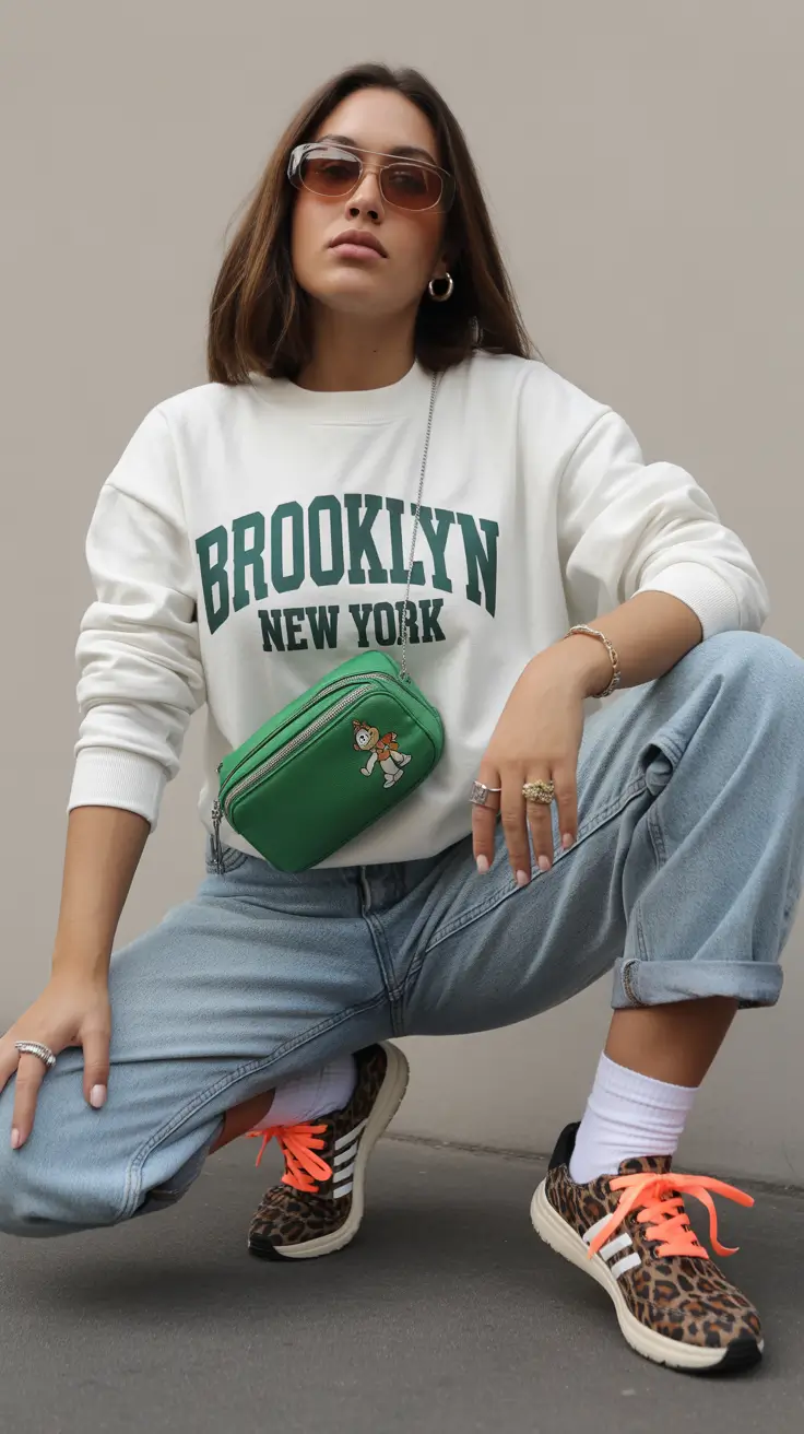 sneakers spring outfit 2026 Street Style Attitude With Leopard and Neon Play