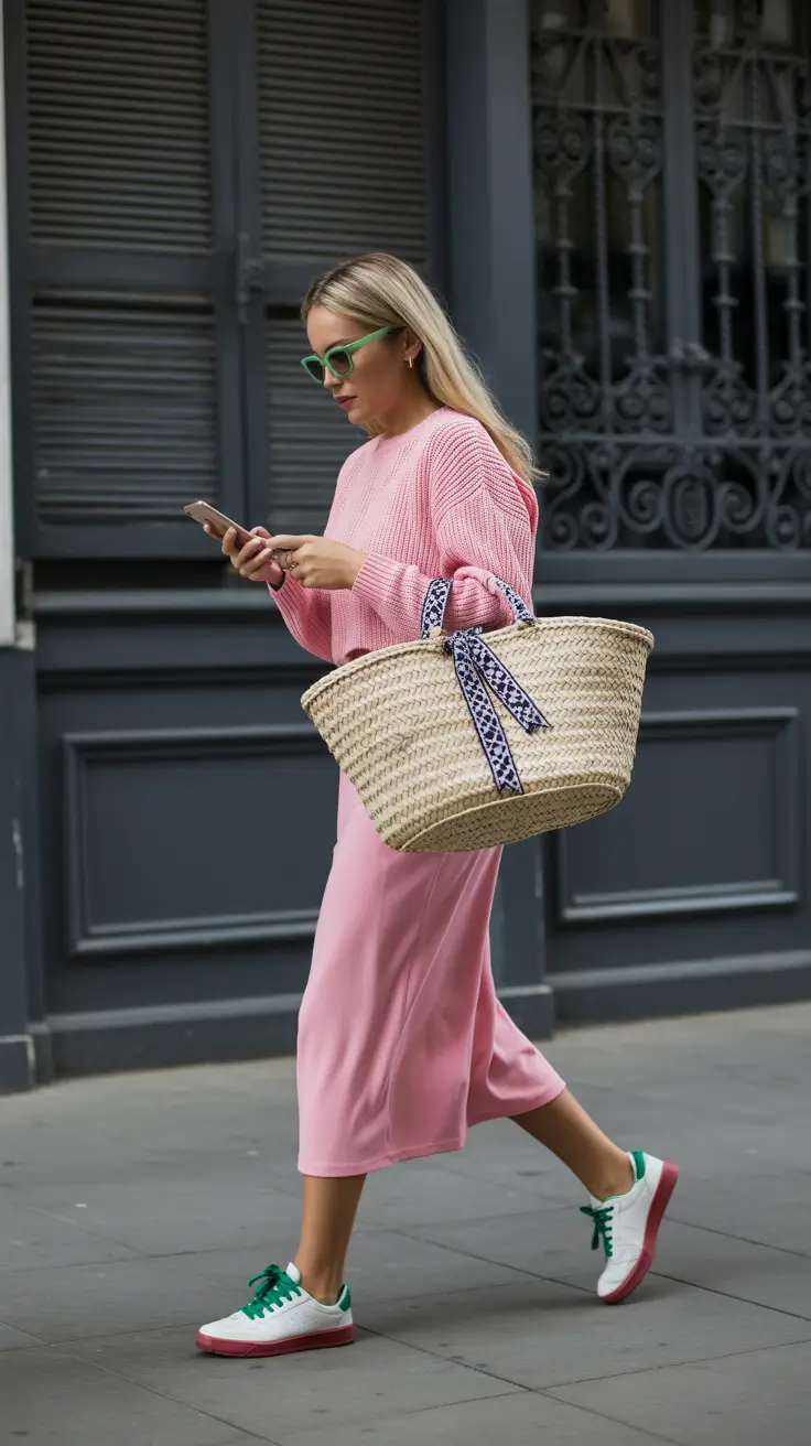 sneakers spring outfit 2026 Soft Pink Layers With Playful Colorful Sneakers