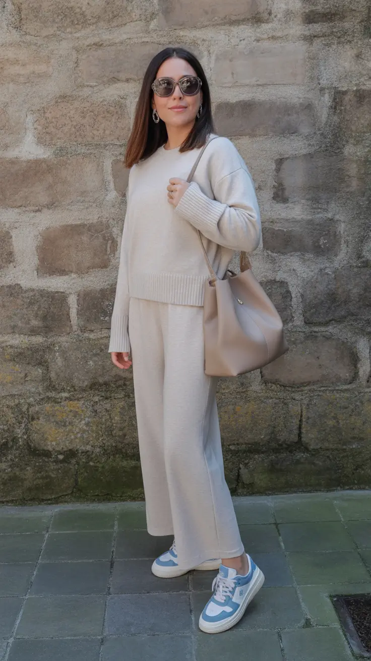 sneakers spring outfit 2026 Cozy Neutrals With Delicate Blue Highlights